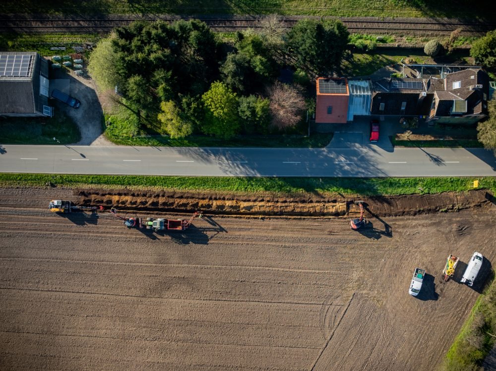 Aerial view of fibre optic cable trenching